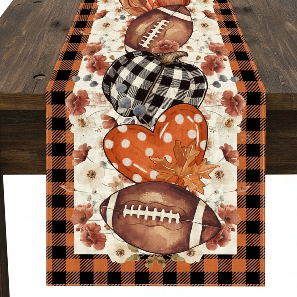 Fall Table Runner Pumpkin Football Decor Autumn Thanksgiving Decoration Cloth